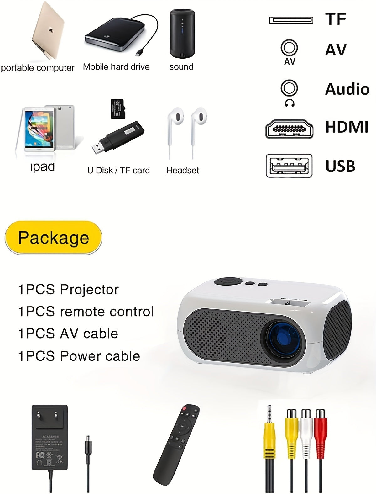 1pc Portable HD 720P Projector, G300P Mini Projector For Phone, Video Movie Projector, Home Theater Projector Compatible With IOS/Android/USB/ Laptop/PC/TV Stick/DVD/Game