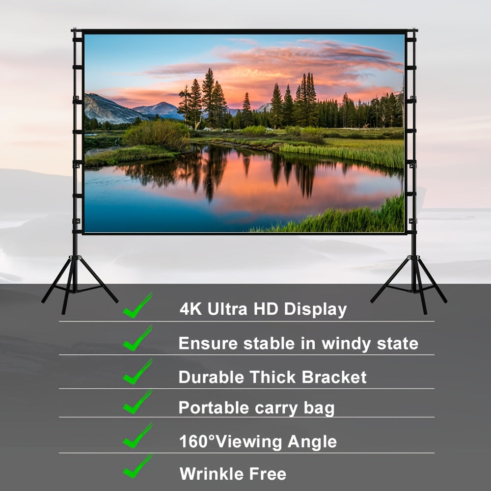 Projector Screen with Bracket 100 120 150 Inch Portable Projection Screen Indoor Outdoor Projection Screen 16:9 4K HD Wrinkle Resistant, Easy to Clean, 1.1 Gain, 160° Viewing Angle Movie Screen with Carrying Bag, Suitable fo