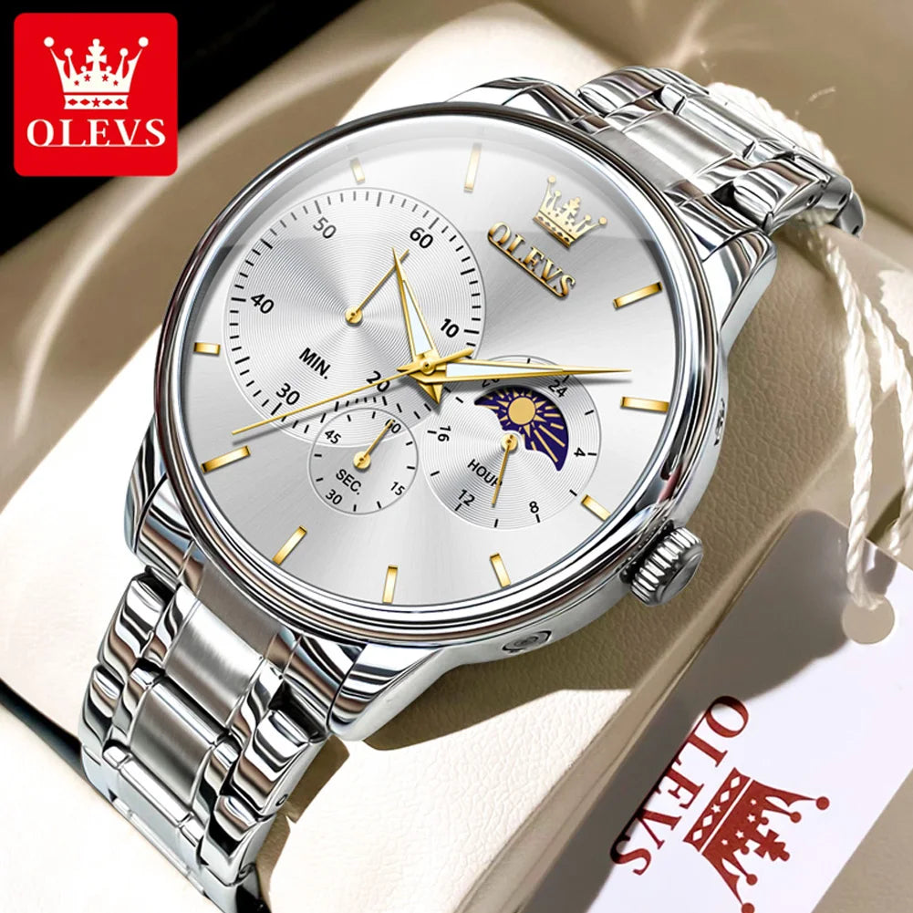 OLEVS 2936 Men's Luxury Watch Auto Date Chronograph Moon Phase Waterproof Stainless Steel  Strap Christmas Gift