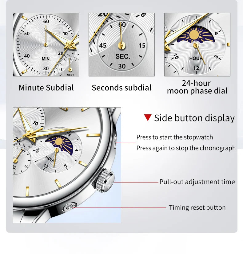 OLEVS 2936 Men's Luxury Watch Auto Date Chronograph Moon Phase Waterproof Stainless Steel  Strap Christmas Gift