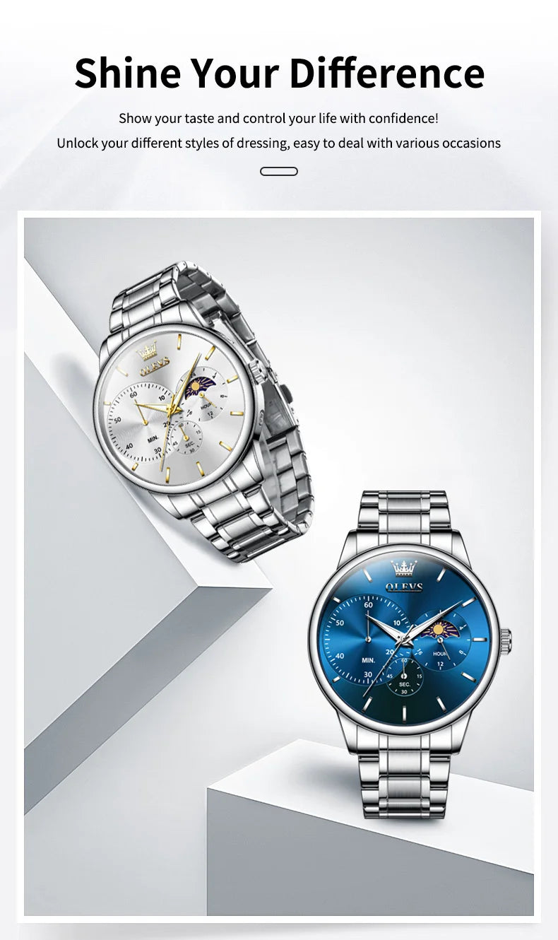 OLEVS 2936 Men's Luxury Watch Auto Date Chronograph Moon Phase Waterproof Stainless Steel  Strap Christmas Gift