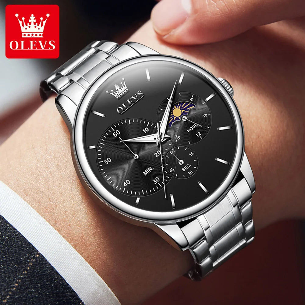 OLEVS 2936 Men's Luxury Watch Auto Date Chronograph Moon Phase Waterproof Stainless Steel  Strap Christmas Gift