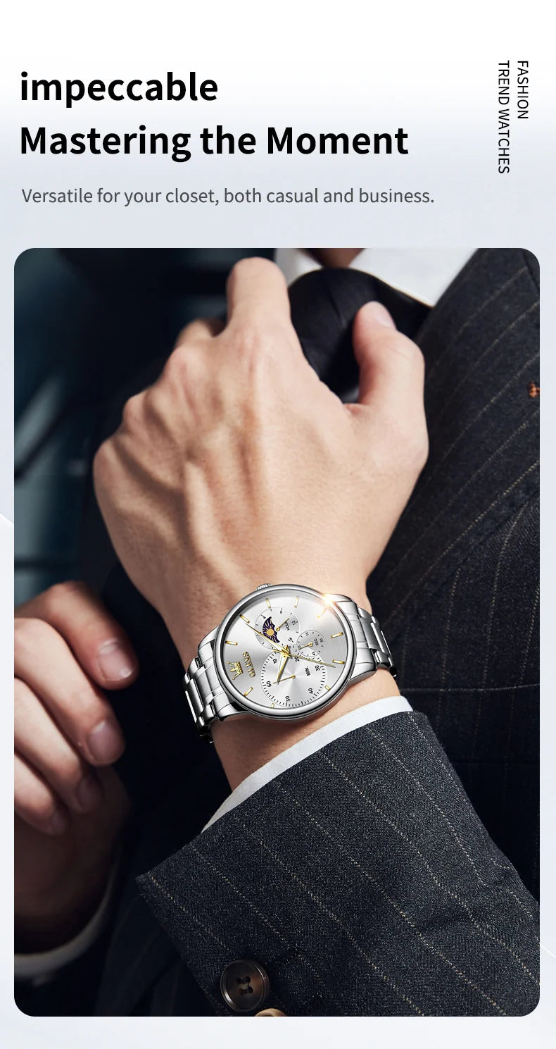 OLEVS 2936 Men's Luxury Watch Auto Date Chronograph Moon Phase Waterproof Stainless Steel  Strap Christmas Gift