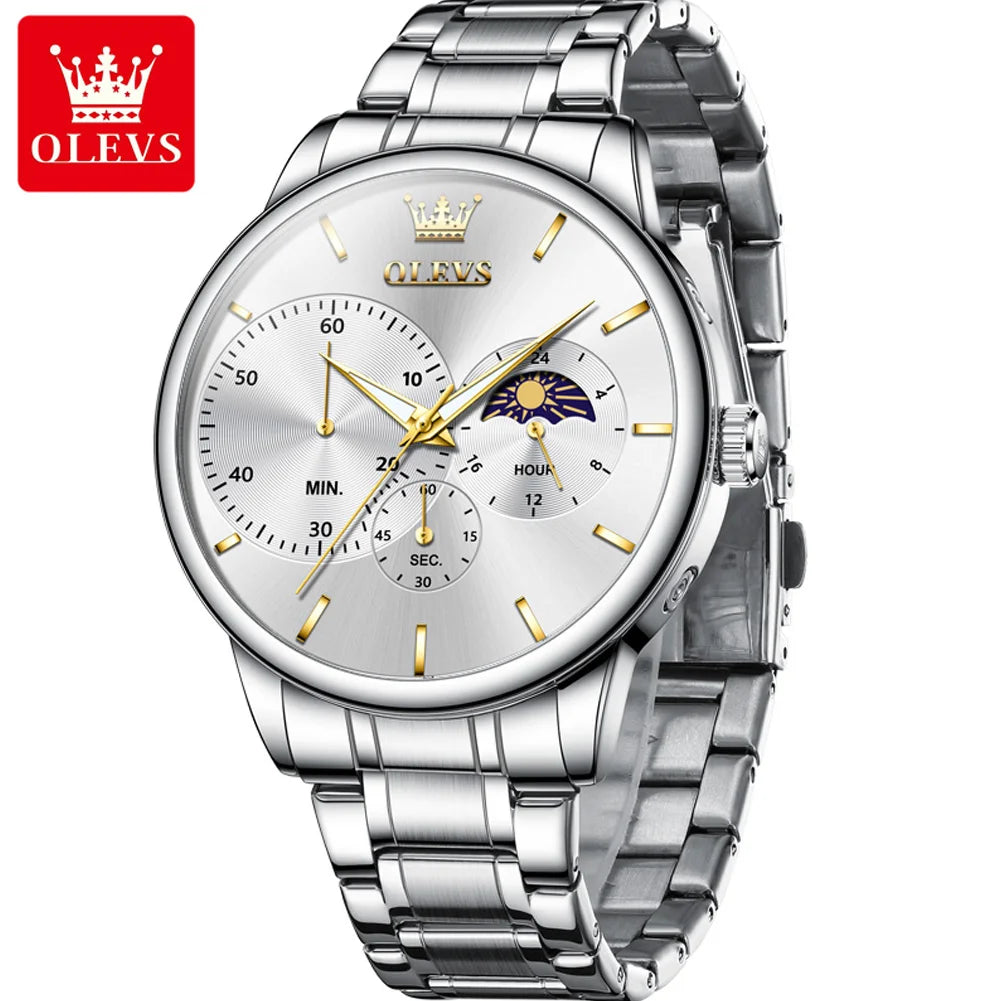 OLEVS 2936 Men's Luxury Watch Auto Date Chronograph Moon Phase Waterproof Stainless Steel  Strap Christmas Gift