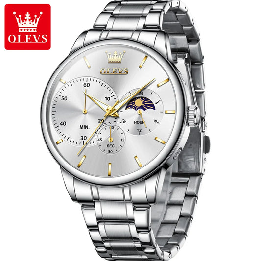 OLEVS 2936 Men's Luxury Watch Auto Date Chronograph Moon Phase Waterproof Stainless Steel  Strap Christmas Gift