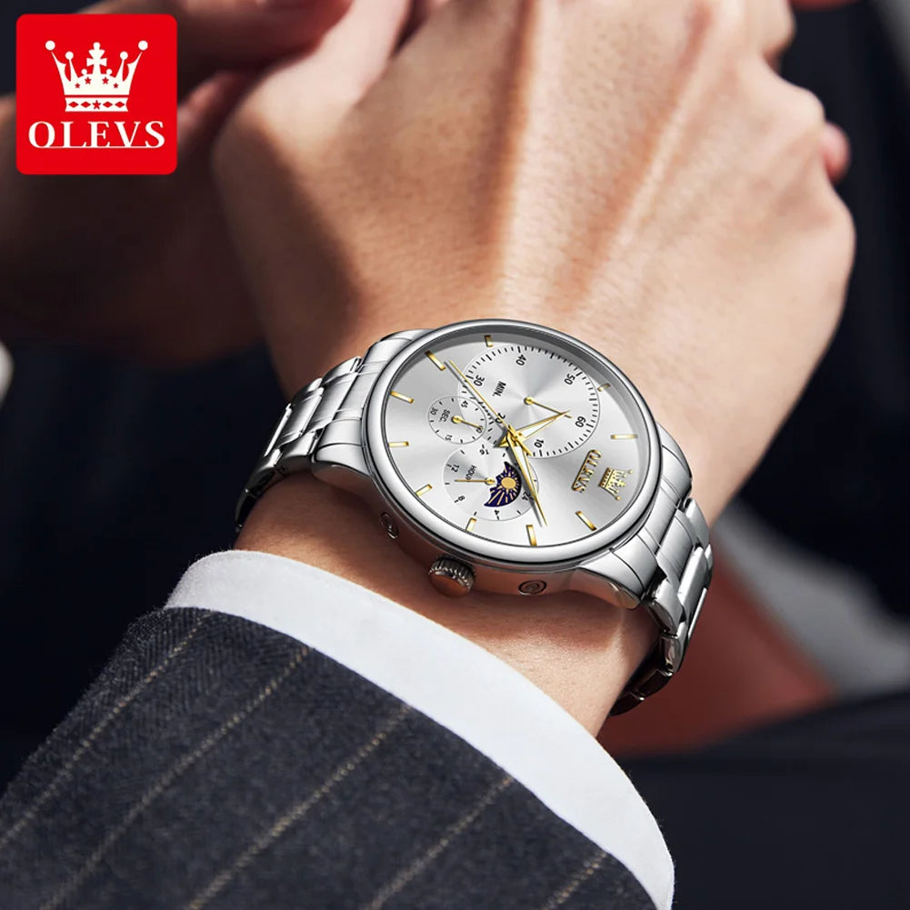 OLEVS 2936 Men's Luxury Watch Auto Date Chronograph Moon Phase Waterproof Stainless Steel  Strap Christmas Gift