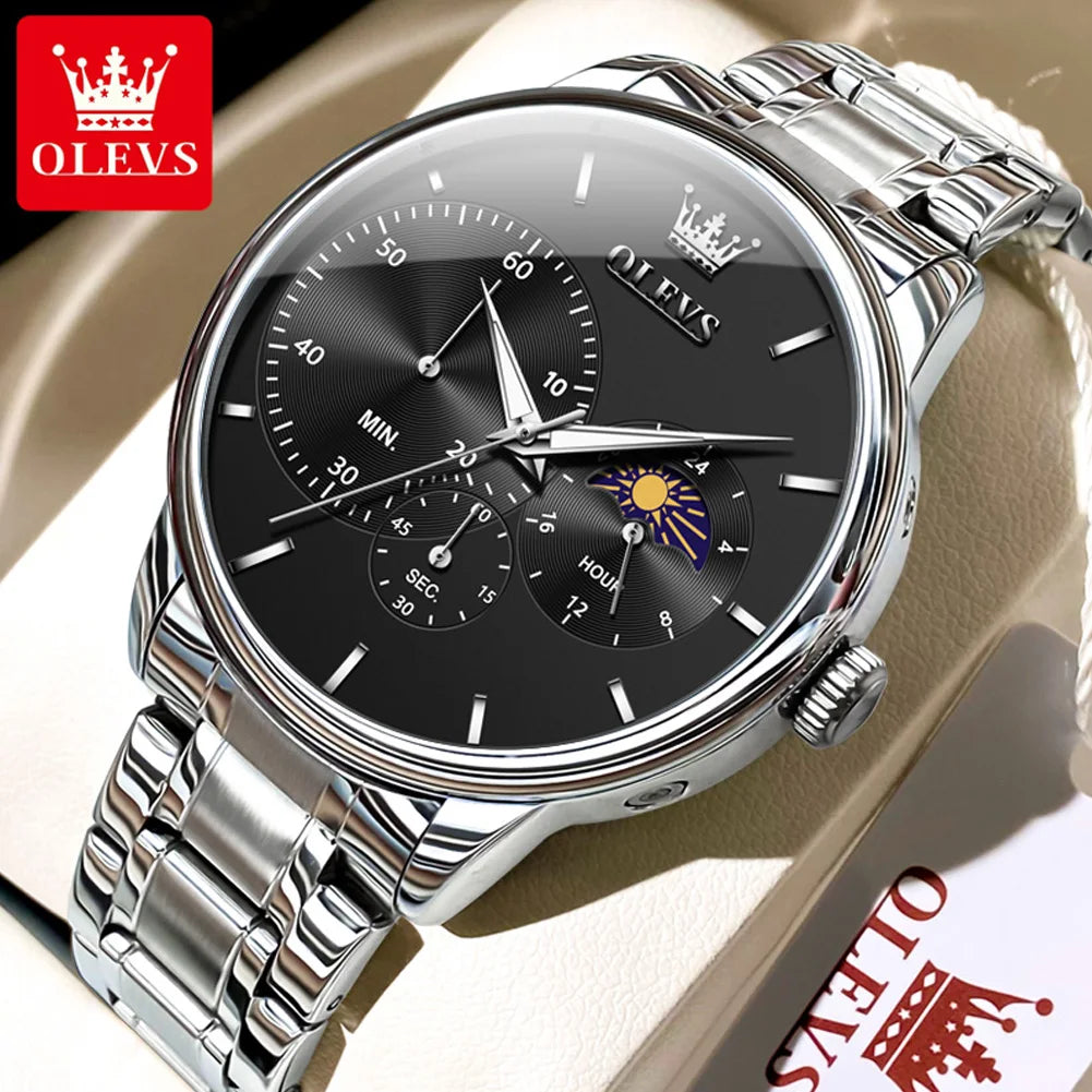 OLEVS 2936 Men's Luxury Watch Auto Date Chronograph Moon Phase Waterproof Stainless Steel  Strap Christmas Gift
