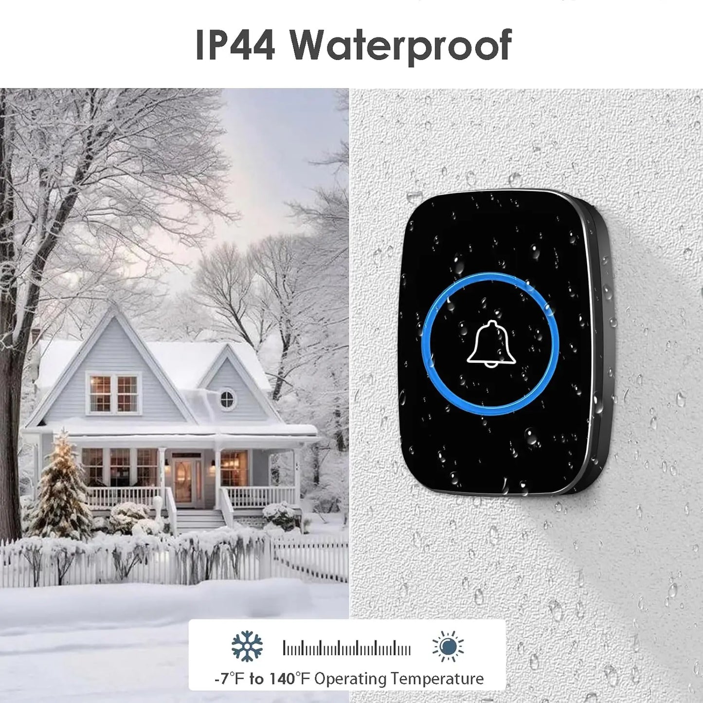 Waterproof Door Bell Kit, Distinguish Front and Rear Doors, Over 1000 feet Range and 60 Chime Wireless Doorbell for Smarthome