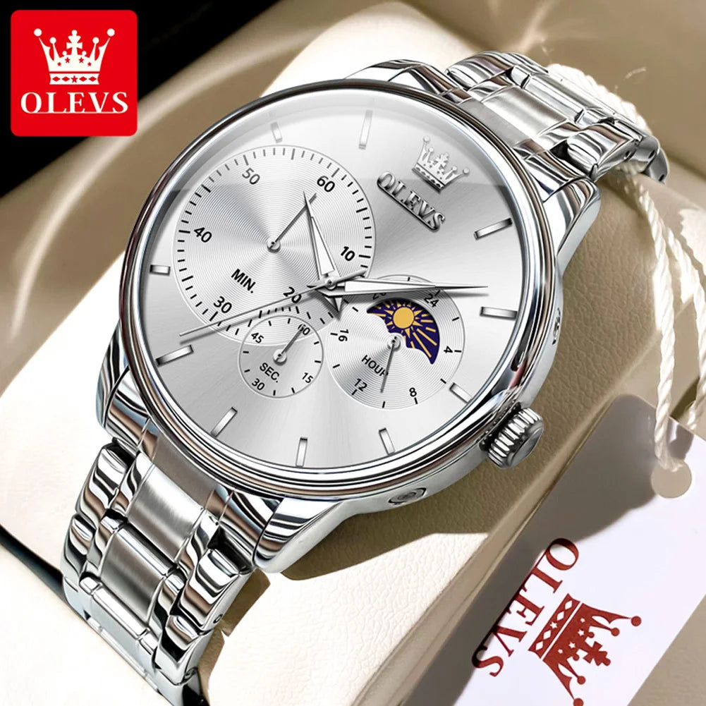 OLEVS 2936 Men's Luxury Watch Auto Date Chronograph Moon Phase Waterproof Stainless Steel  Strap Christmas Gift