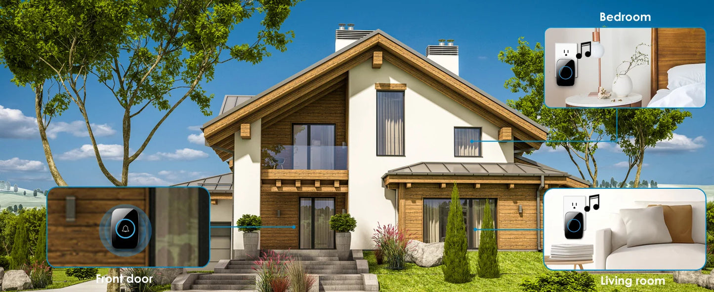 Waterproof Door Bell Kit, Distinguish Front and Rear Doors, Over 1000 feet Range and 60 Chime Wireless Doorbell for Smarthome