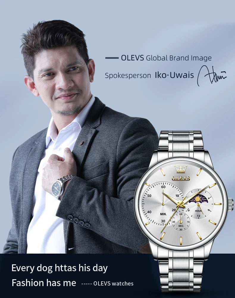 OLEVS 2936 Men's Luxury Watch Auto Date Chronograph Moon Phase Waterproof Stainless Steel  Strap Christmas Gift