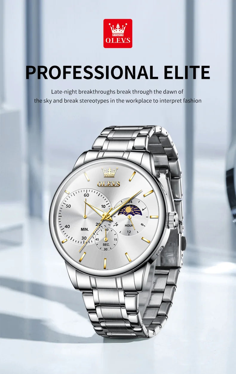 OLEVS 2936 Men's Luxury Watch Auto Date Chronograph Moon Phase Waterproof Stainless Steel  Strap Christmas Gift