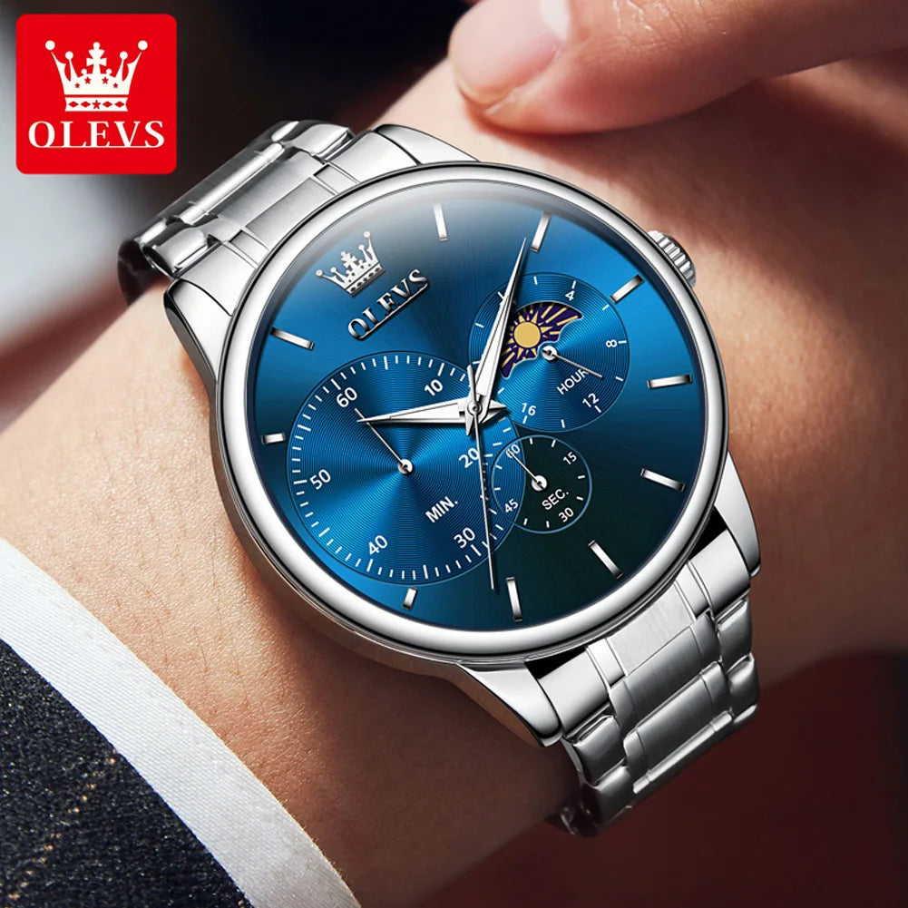 OLEVS 2936 Men's Luxury Watch Auto Date Chronograph Moon Phase Waterproof Stainless Steel  Strap Christmas Gift