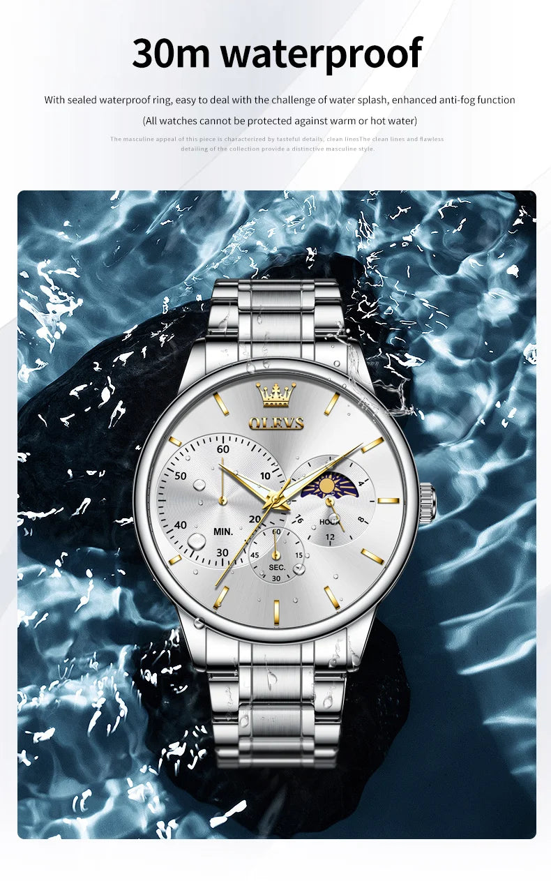 OLEVS 2936 Men's Luxury Watch Auto Date Chronograph Moon Phase Waterproof Stainless Steel  Strap Christmas Gift