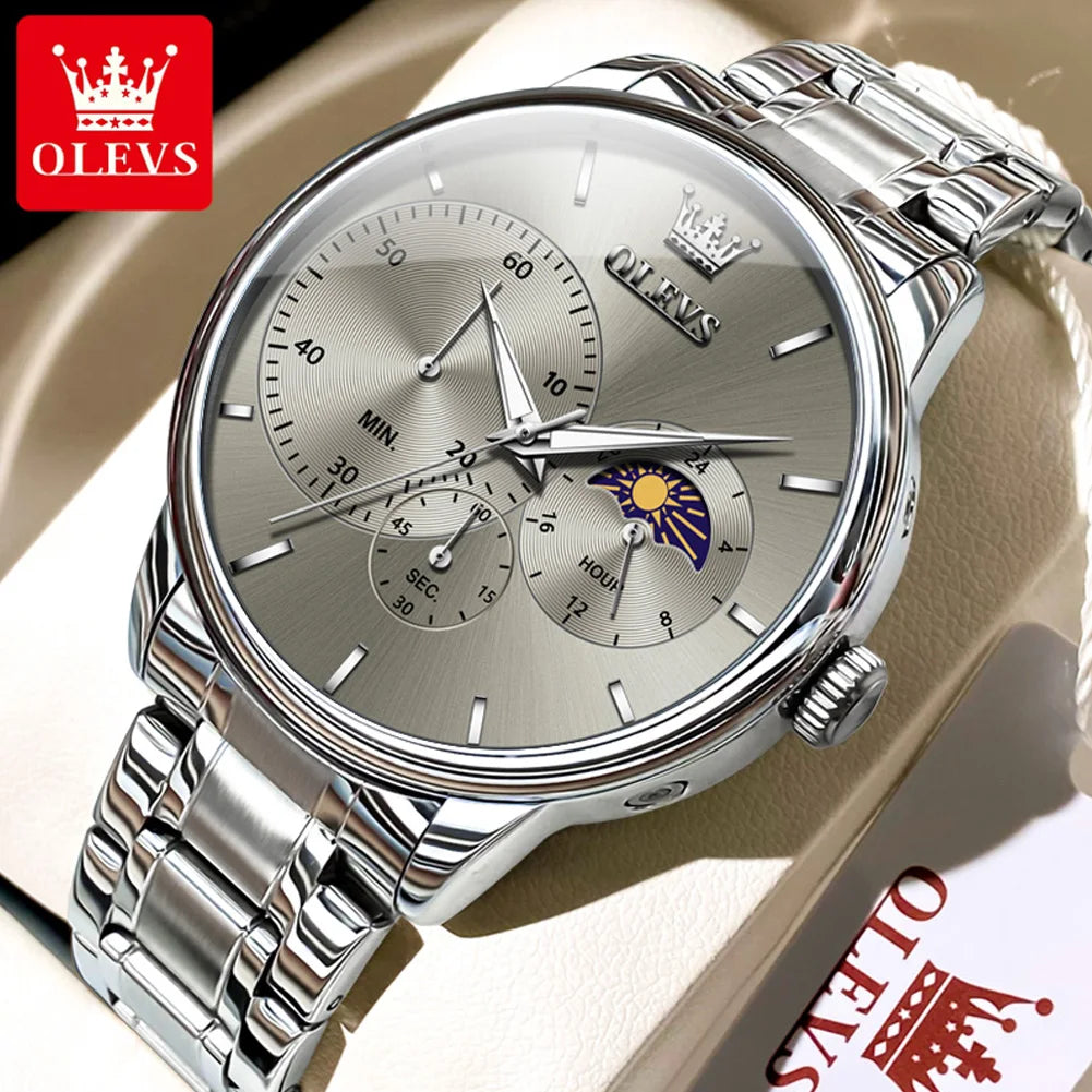 OLEVS 2936 Men's Luxury Watch Auto Date Chronograph Moon Phase Waterproof Stainless Steel  Strap Christmas Gift