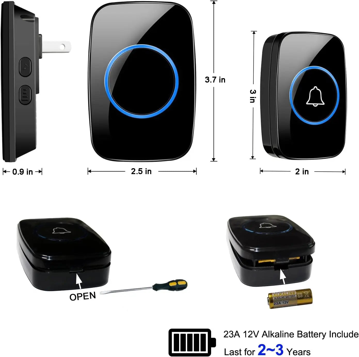 Waterproof Door Bell Kit, Distinguish Front and Rear Doors, Over 1000 feet Range and 60 Chime Wireless Doorbell for Smarthome