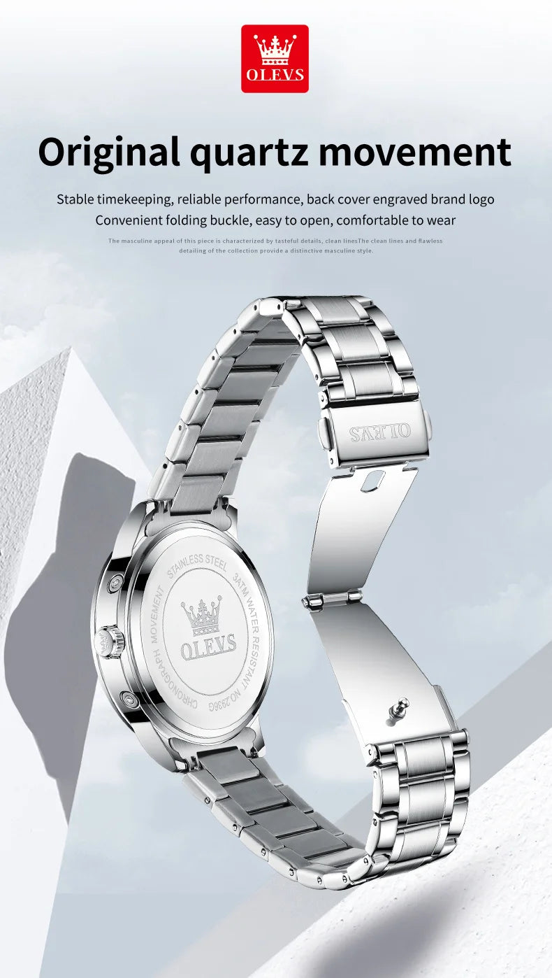 OLEVS 2936 Men's Luxury Watch Auto Date Chronograph Moon Phase Waterproof Stainless Steel  Strap Christmas Gift