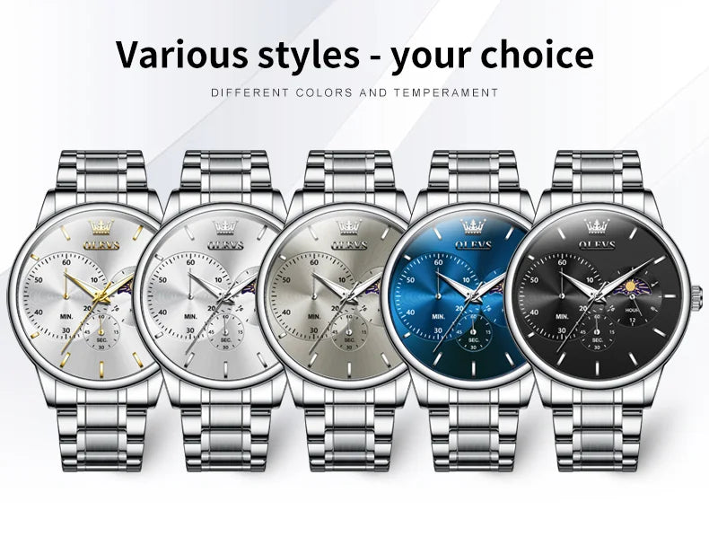 OLEVS 2936 Men's Luxury Watch Auto Date Chronograph Moon Phase Waterproof Stainless Steel  Strap Christmas Gift