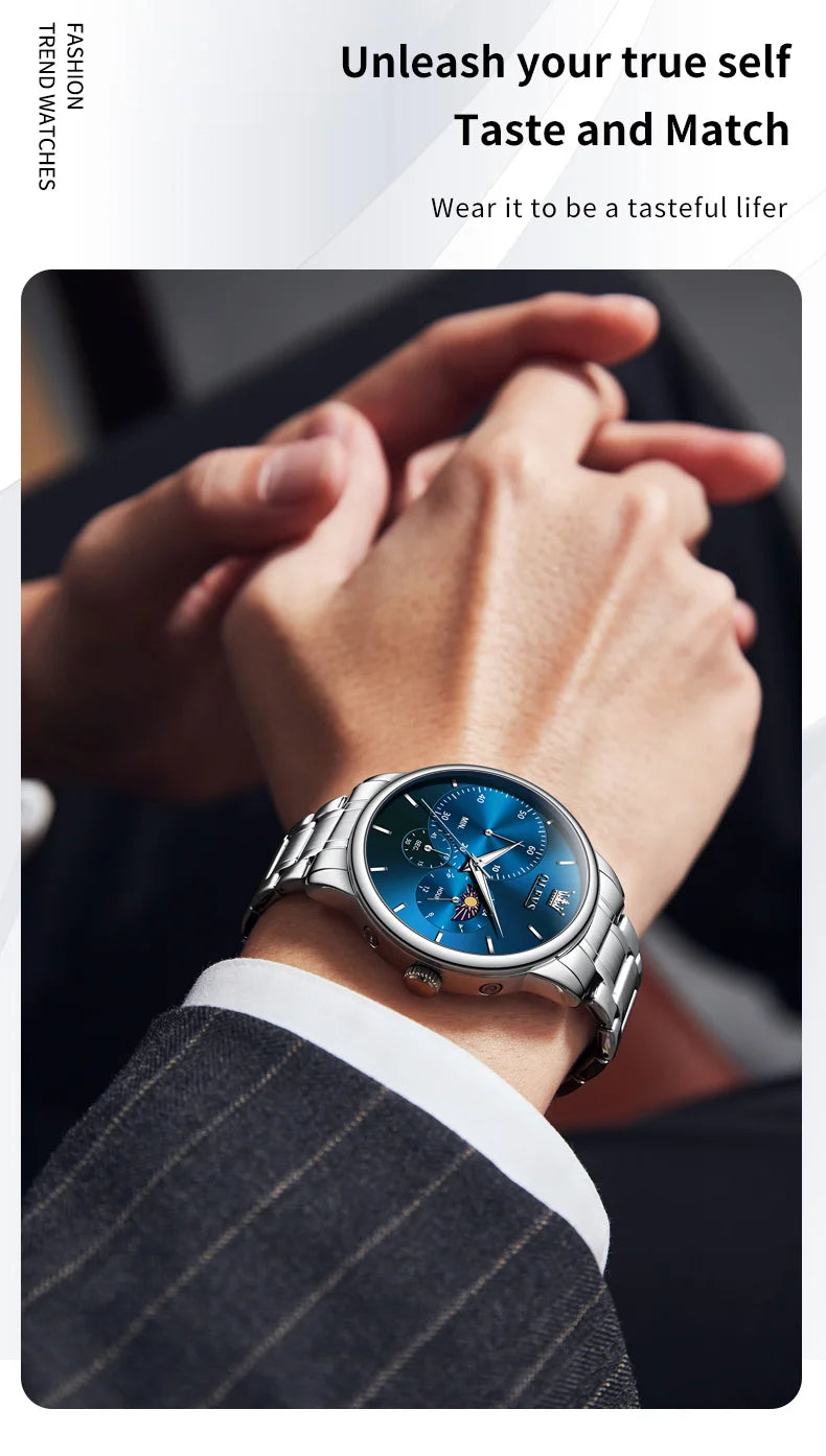 OLEVS 2936 Men's Luxury Watch Auto Date Chronograph Moon Phase Waterproof Stainless Steel  Strap Christmas Gift