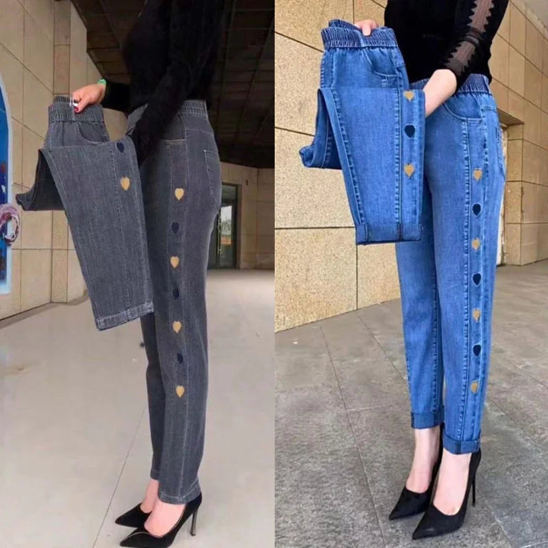 Middle-aged Women's Jeans Autumn Winter Stretch Waist Embroidery Denim Pants Large size Loose Female Straight Casual Pants 5XL