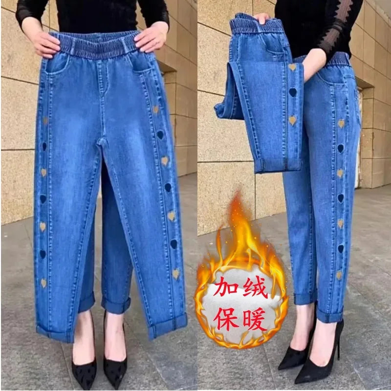 Middle-aged Women's Jeans Autumn Winter Stretch Waist Embroidery Denim Pants Large size Loose Female Straight Casual Pants 5XL