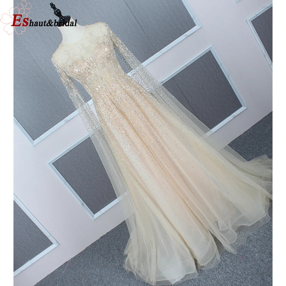 Elegant Dubai Arabic Evening Dresses for Women 2025 Long Sleeves O Neck A-Line Luxury Formal Prom Wedding Party Gowns Customized