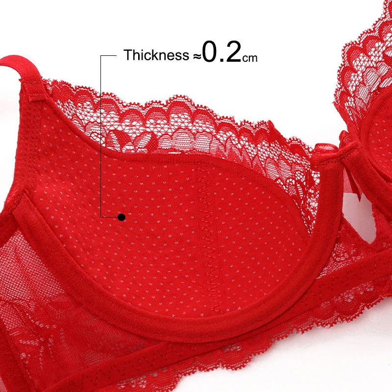 Red Women's Bra And Panties Set Plus Size D E Cup Thin Cotton Push Up Brassiere Floral Lace Women Underwear Female Sexy Lingerie