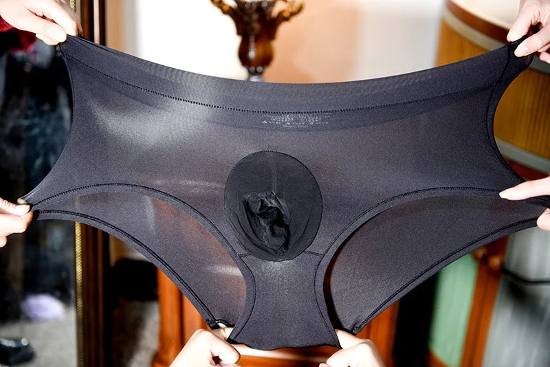 New sexy Men under wear Plus size Briefs Milk Silk Penis Pouch shorts Opened Penis Sleeve High elasticity Shiny gay underwear