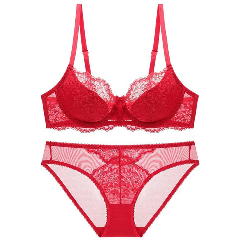 Red Women's Bra And Panties Set Plus Size D E Cup Thin Cotton Push Up Brassiere Floral Lace Women Underwear Female Sexy Lingerie
