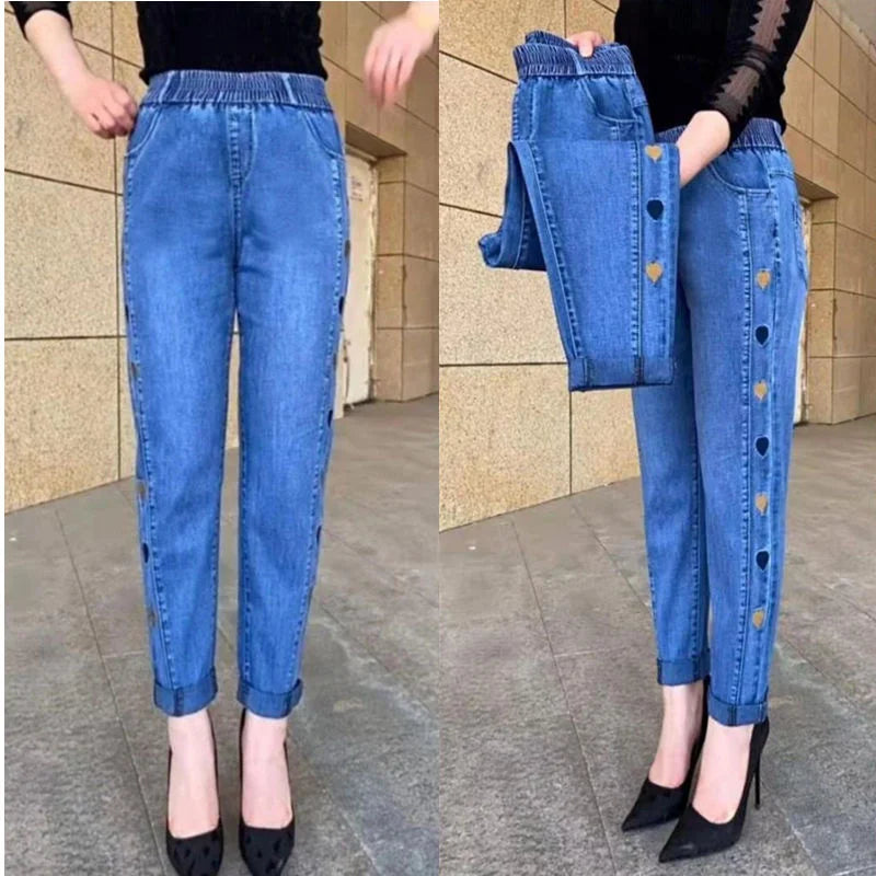 Middle-aged Women's Jeans Autumn Winter Stretch Waist Embroidery Denim Pants Large size Loose Female Straight Casual Pants 5XL