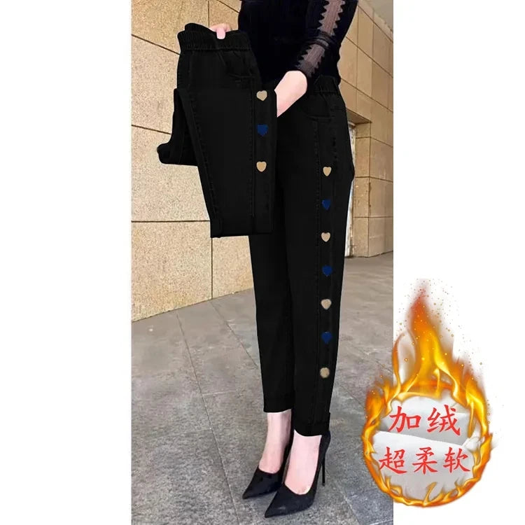 Middle-aged Women's Jeans Autumn Winter Stretch Waist Embroidery Denim Pants Large size Loose Female Straight Casual Pants 5XL
