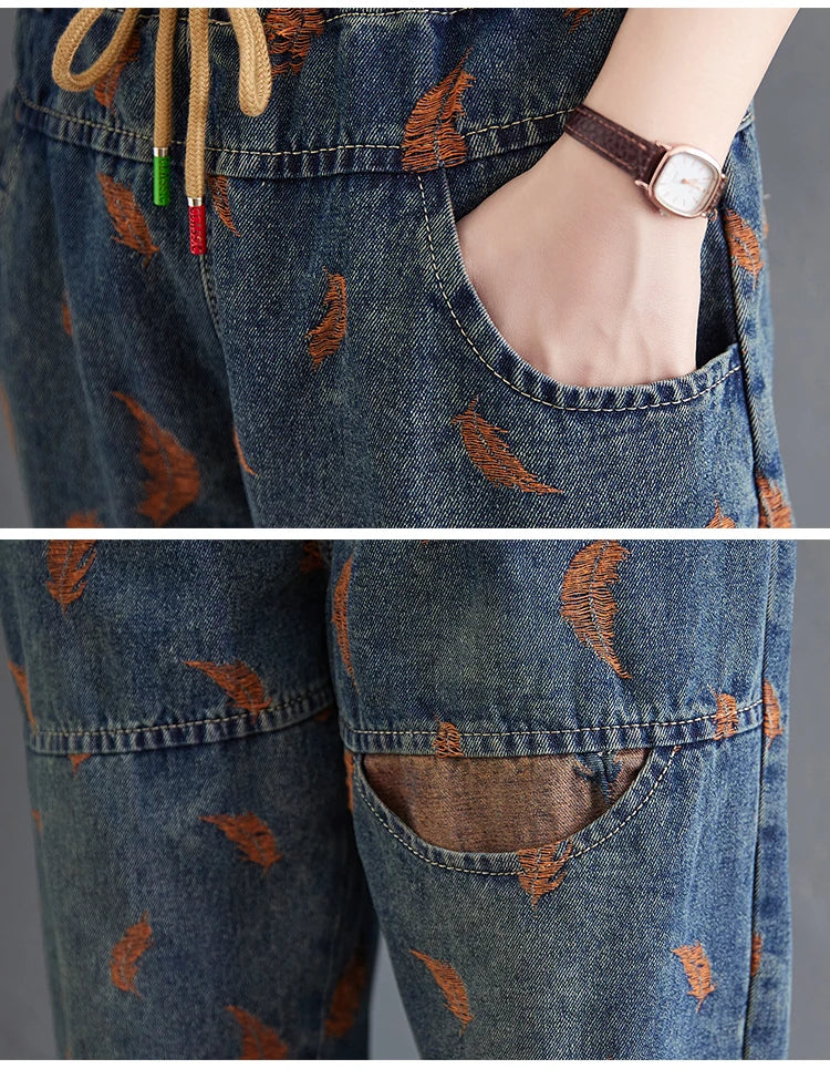 Jeans For Women Spring Street Feather Embroidery Color Contrast Loose Thin Drawstring Pockets Elastic Waist Denim Pants Female