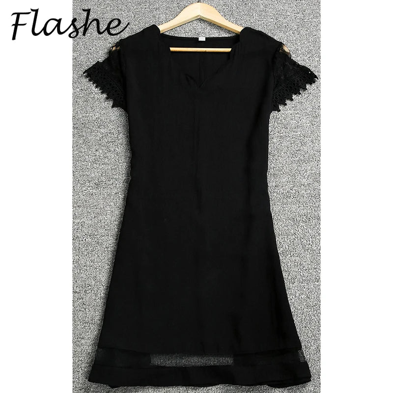 Elegant Dresses for Women V Neck Lace Sleeves Short Dress Women Spring Summer Sexy Ladies Short Sleeve Black Party Dress 2022