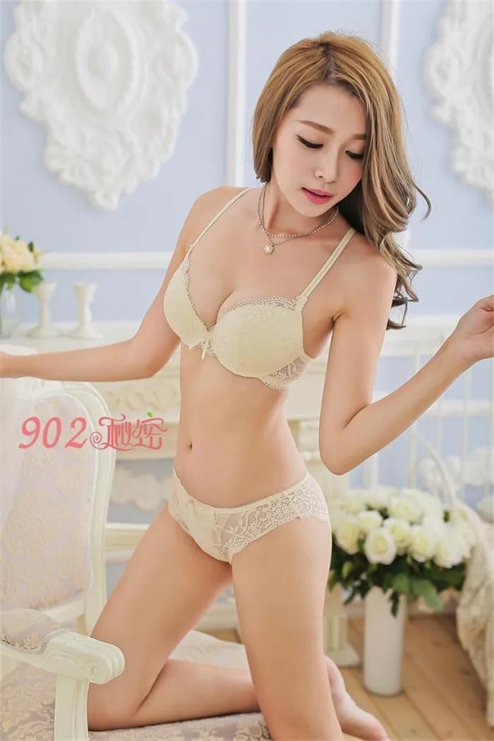 European Style Sexy Bra Set Women Cotton Underwear Sexy Lace Panties Female Push Up Brassiere Fashion Solid Color Lingerie Set
