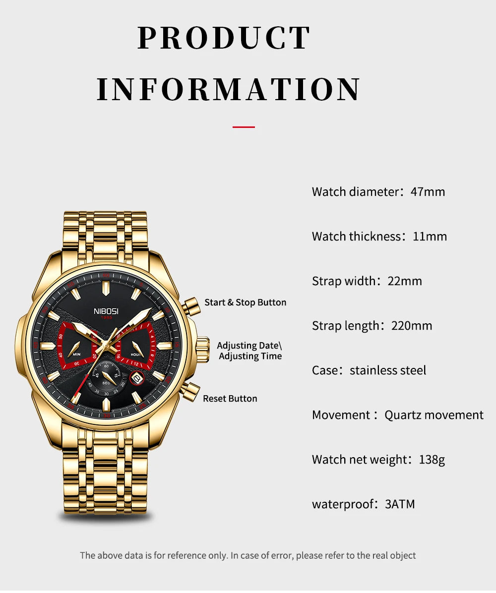NIBOSI Brand Mens Watches Brand Luxury Military Sports Chronograph Waterproof Quartz Watch For Men Wristwatch Reloj Hombre