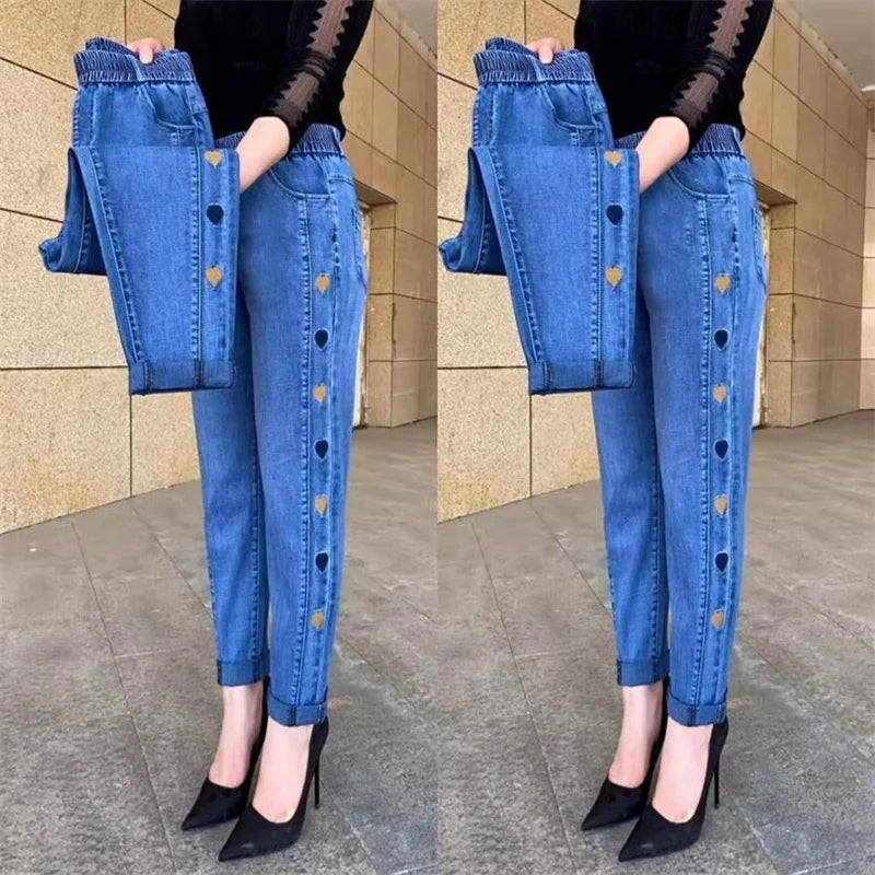 Middle-aged Women's Jeans Autumn Winter Stretch Waist Embroidery Denim Pants Large size Loose Female Straight Casual Pants 5XL