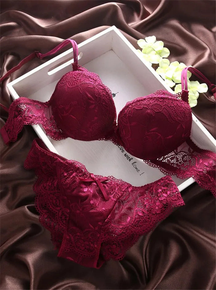 European Style Sexy Bra Set Women Cotton Underwear Sexy Lace Panties Female Push Up Brassiere Fashion Solid Color Lingerie Set