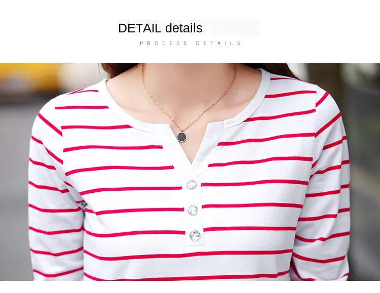 Cotton T-Shirt Women Long Sleeve Striped T Shirt Fashion 2025 Spring Autumn Female Clothes Top Tee Lady V-neck Tops 7215