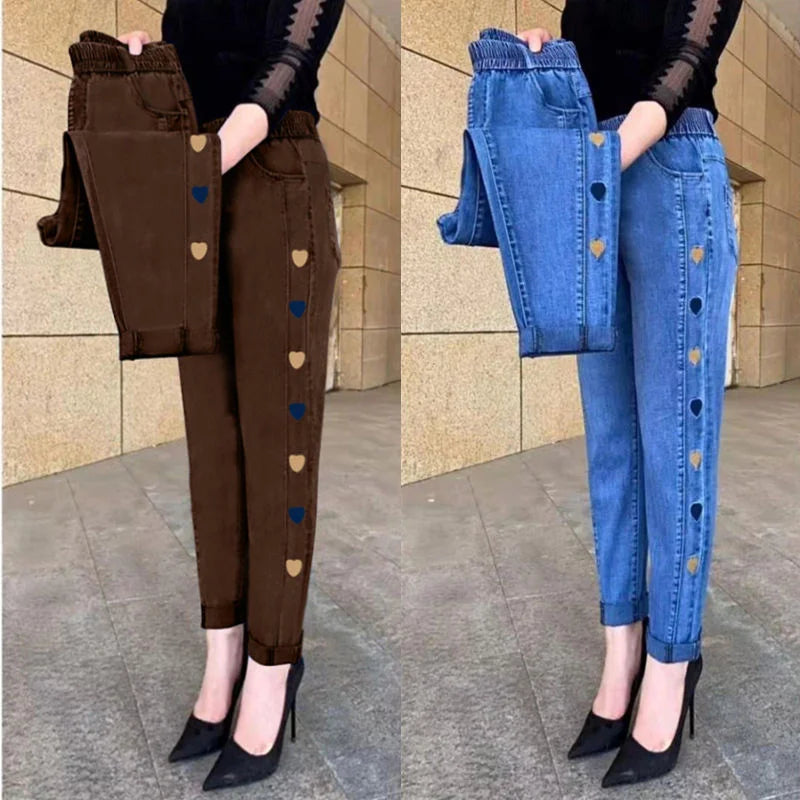 Middle-aged Women's Jeans Autumn Winter Stretch Waist Embroidery Denim Pants Large size Loose Female Straight Casual Pants 5XL
