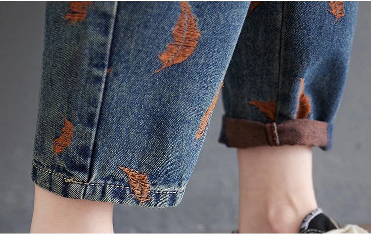 Jeans For Women Spring Street Feather Embroidery Color Contrast Loose Thin Drawstring Pockets Elastic Waist Denim Pants Female