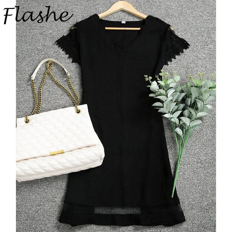 Elegant Dresses for Women V Neck Lace Sleeves Short Dress Women Spring Summer Sexy Ladies Short Sleeve Black Party Dress 2022