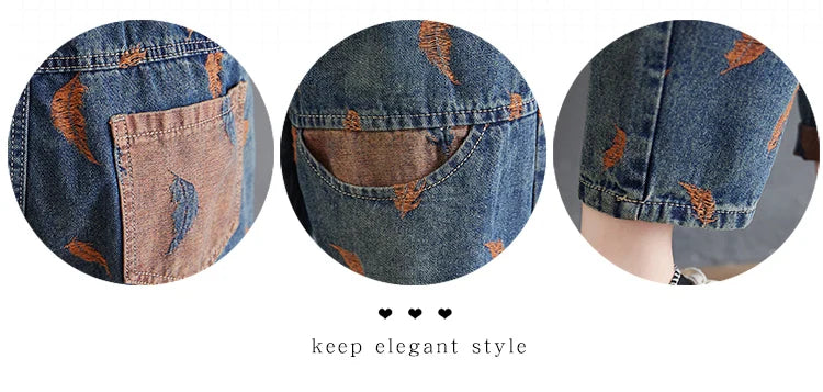Jeans For Women Spring Street Feather Embroidery Color Contrast Loose Thin Drawstring Pockets Elastic Waist Denim Pants Female