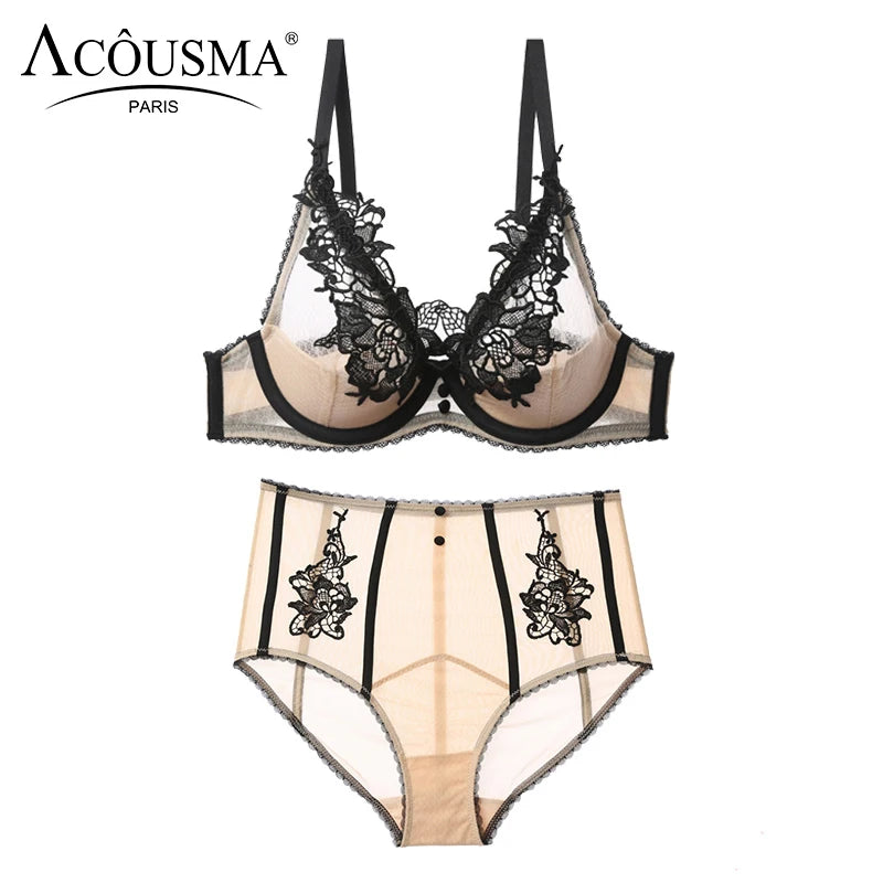 BALALOUM Half Transparent Women Sexy Lace Embroidery Bra and Panty Sets Push Up Brassiere Seamless T Back Thongs Female Lingerie