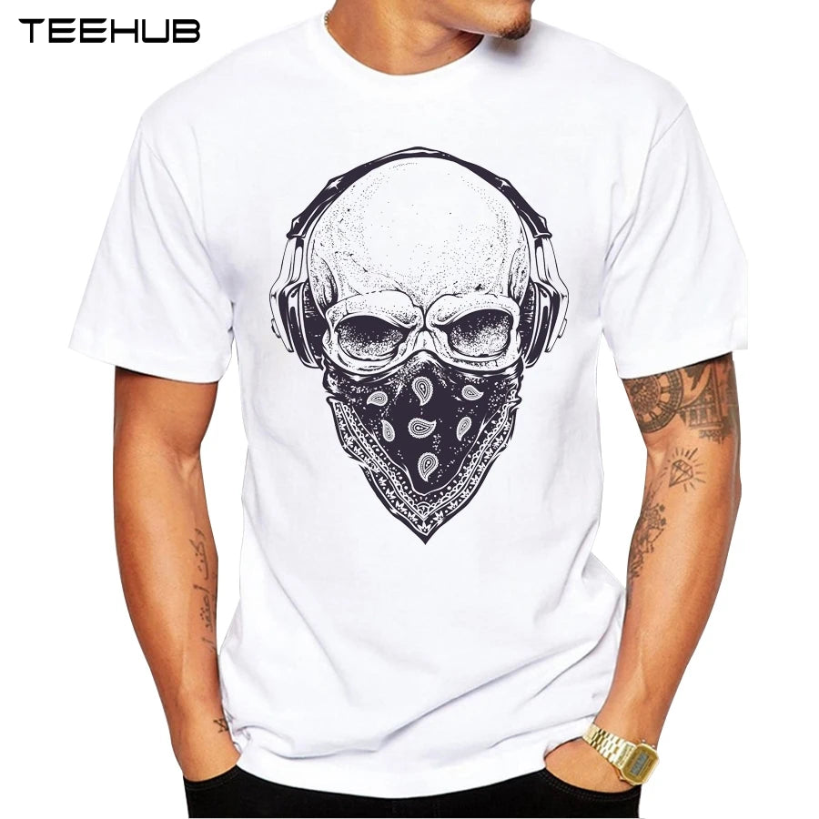 2023 Men T Shirts Fashion Skull with Headphones Design Short Sleeve Casual Tops Hipster Vintage Printed T-Shirt Cool Tee