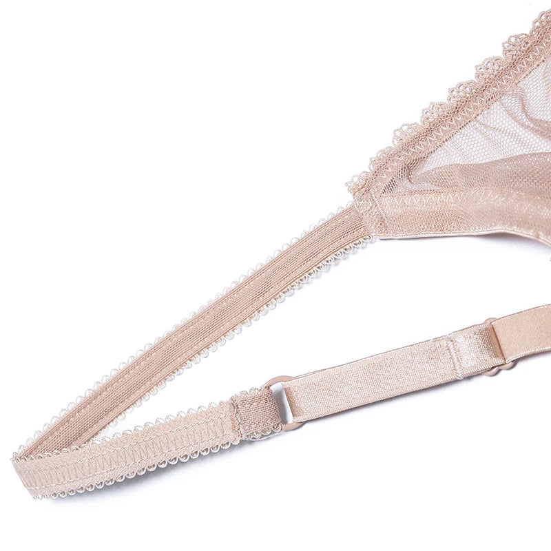 Women mesh sheer bra underwear set transparent unlined bra 2 panties plus size lingerie set for ladies