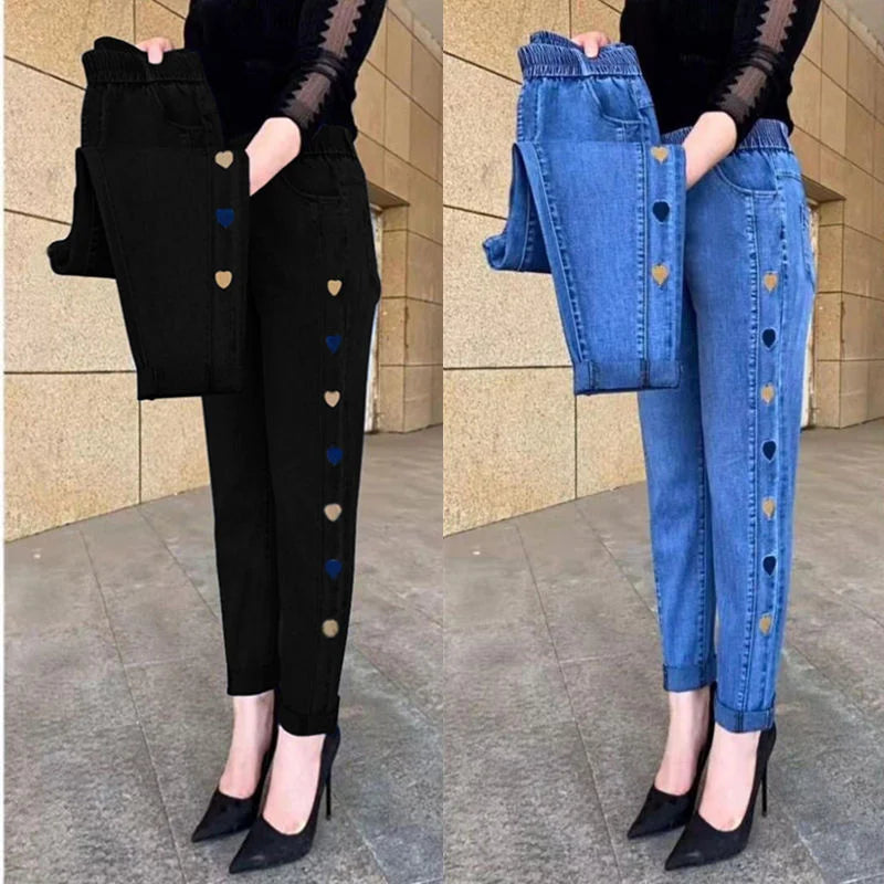 Middle-aged Women's Jeans Autumn Winter Stretch Waist Embroidery Denim Pants Large size Loose Female Straight Casual Pants 5XL