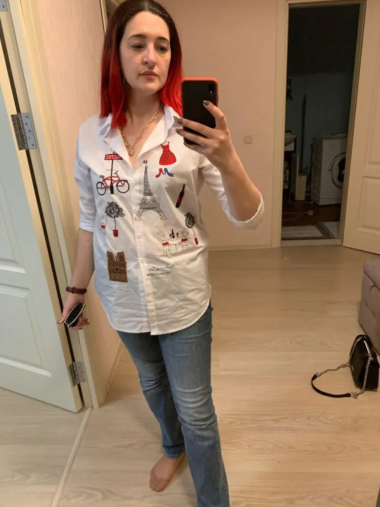 White Women Shirt Long Sleeve Cotton Blouse Office Lady Elegant Embroidery Casual Tops Turn Down Collar Clothing