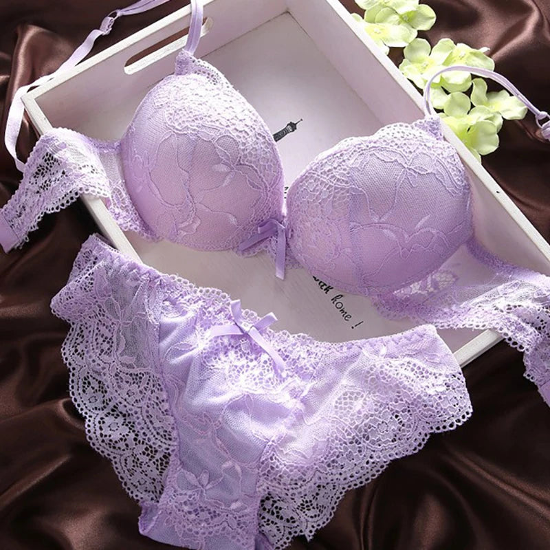 European Style Sexy Bra Set Women Cotton Underwear Sexy Lace Panties Female Push Up Brassiere Fashion Solid Color Lingerie Set