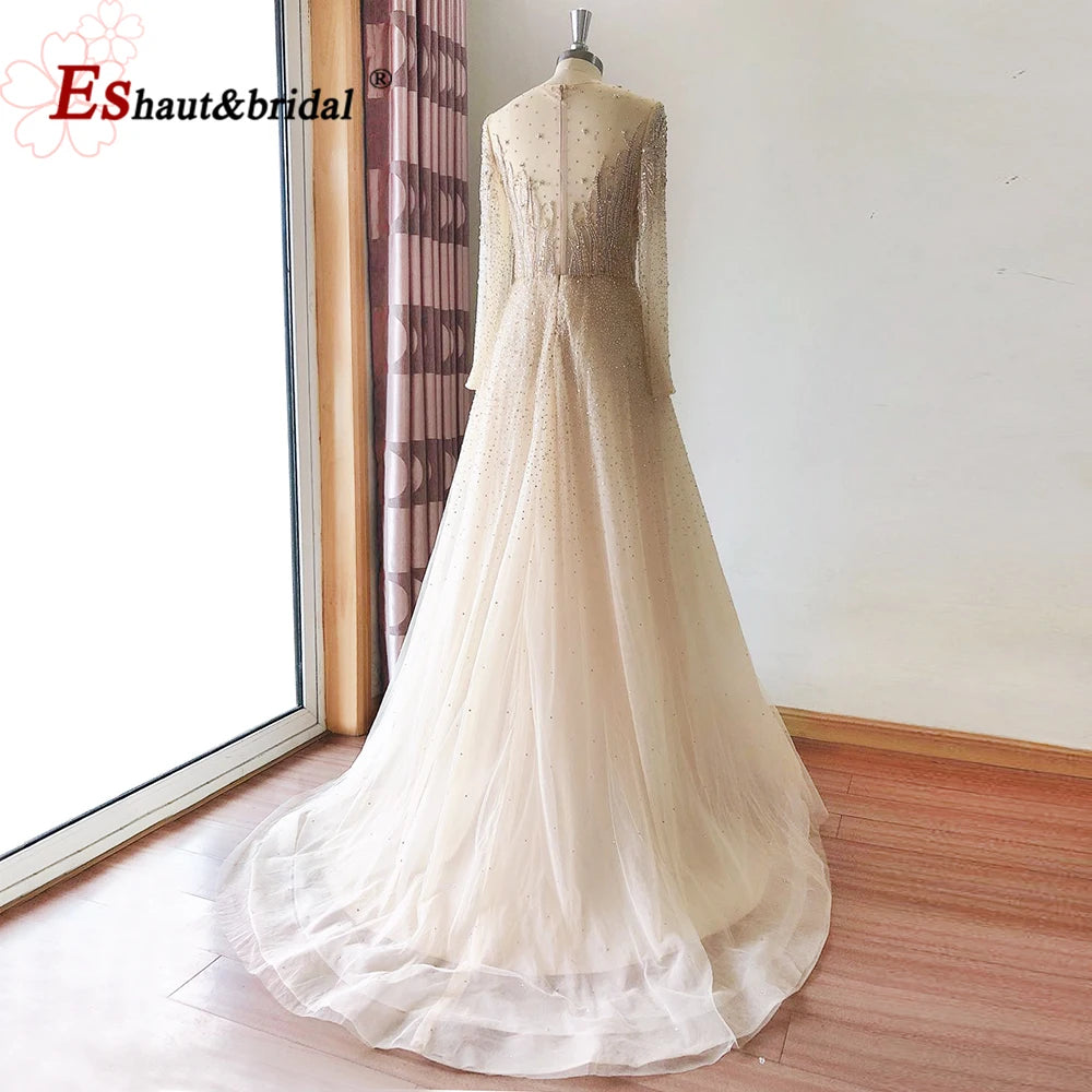 Elegant Dubai Arabic Evening Dresses for Women 2025 Long Sleeves O Neck A-Line Luxury Formal Prom Wedding Party Gowns Customized