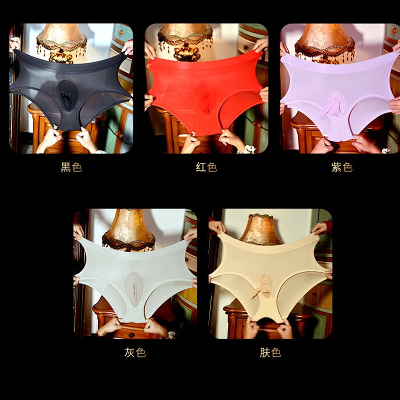 New sexy Men under wear Plus size Briefs Milk Silk Penis Pouch shorts Opened Penis Sleeve High elasticity Shiny gay underwear